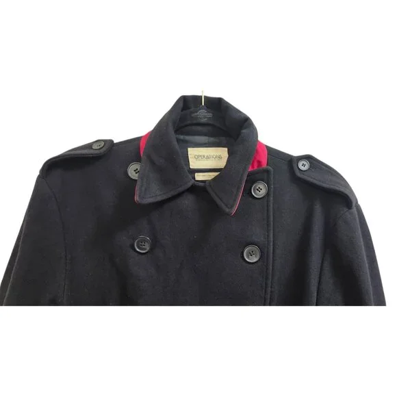 OPERATIONS NYC Black Wool Cashmere Military Peacoat Trench Coat Small USA Made